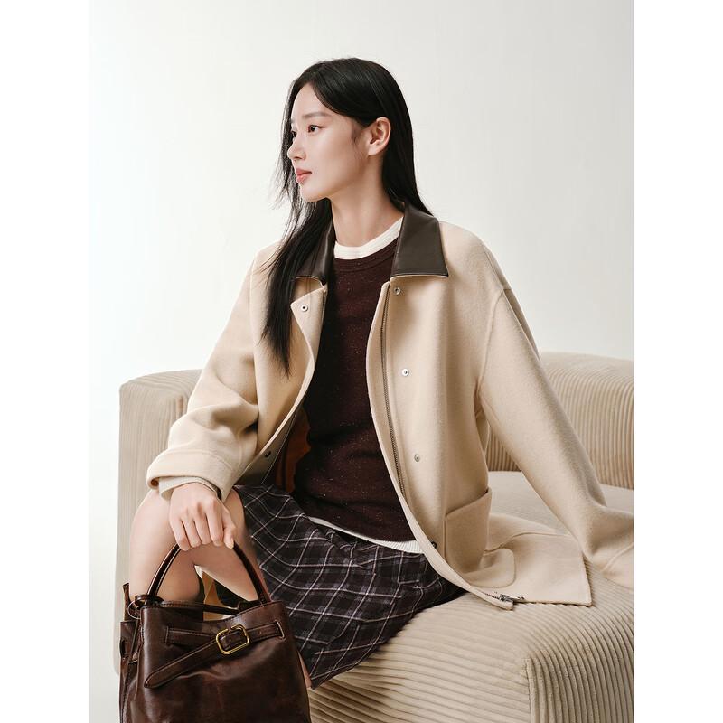 JIUZI Anna Barn Style PU Collar 100% Wool Double-Sided Coat