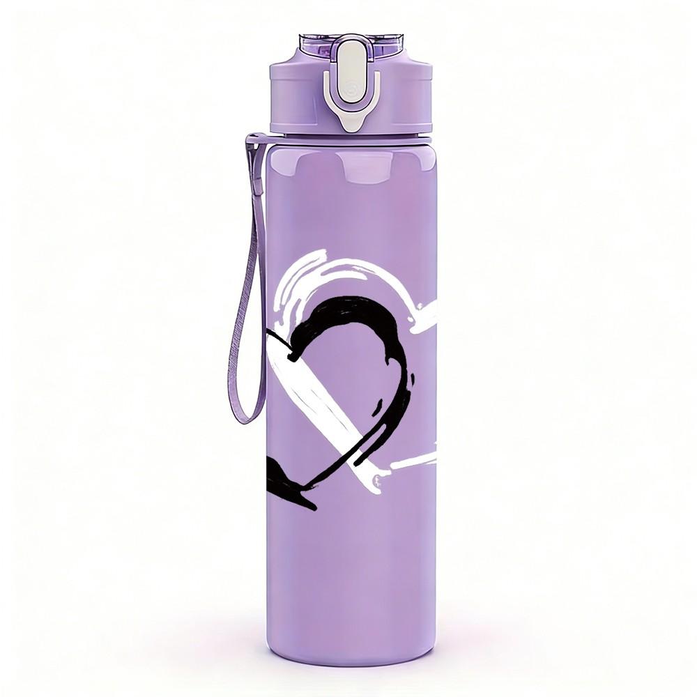 1PC Hand Drawn Sketch Heart Print 750ml Color Plastic Sports Water Bottle Leakproof Flip Straw Lid Suitable for Sports Office Home Use