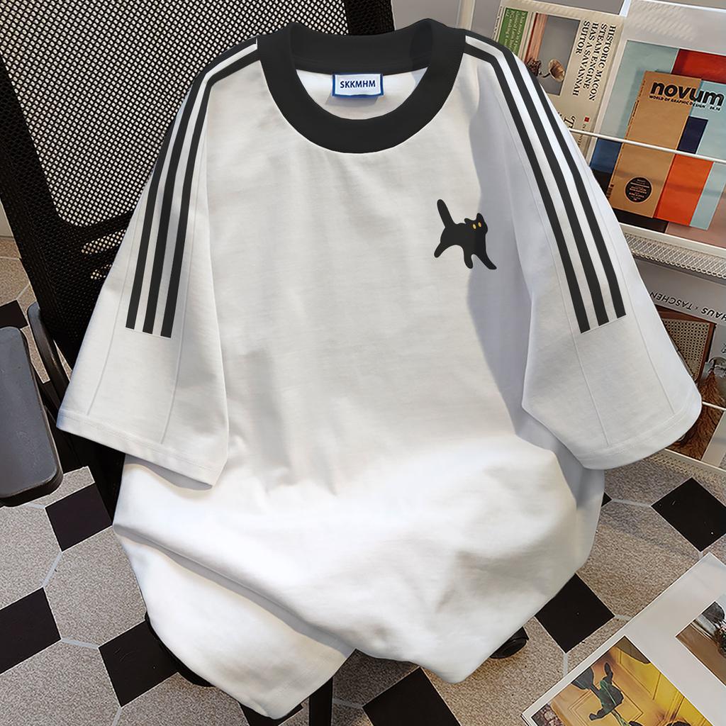 Ladies Summer Short Sleeve Round Collar Casual Striped Cat Printed Teenager Oversize T Shirt Top