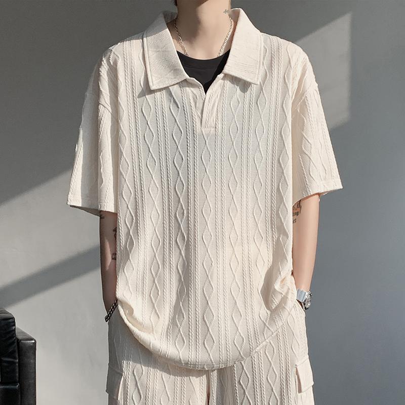 

Summer Men s Loose Short-sleeved T-shirt Tops Five-quarter Sleeve Round Neck Plus Size Lapel Polo Shirt XL абрикос світлого кольору