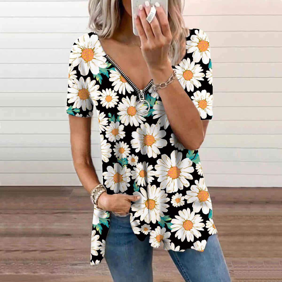 

Женский топ, летний новый модный зеленый топ с принтом ромашки, повседневный топ на молнии с v-образным вырезом и короткими рукавами 8XL зелёный