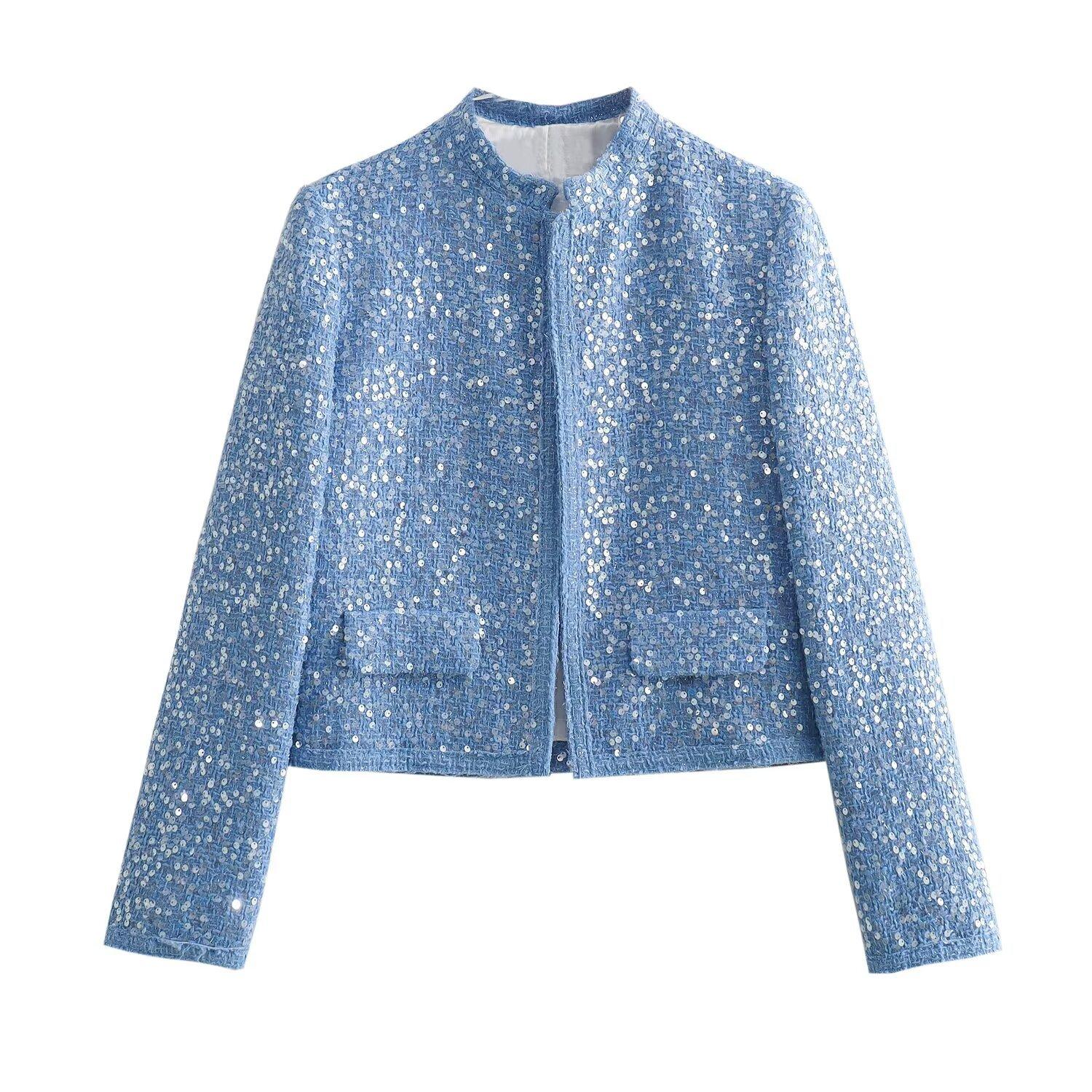 Sieviešu sequin Bomber jaka apaļš kakls