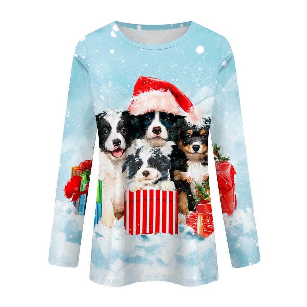 Women's Christmas Printed Long Sleeve Round Neck Top Casual Blouse