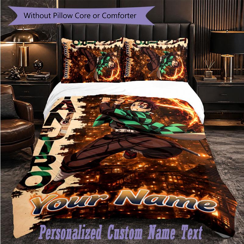 Personalized 3Pcs Bedding SetDemon Slayer Custom Text Duvet Cover Pillowcase Set Bedroom Gift