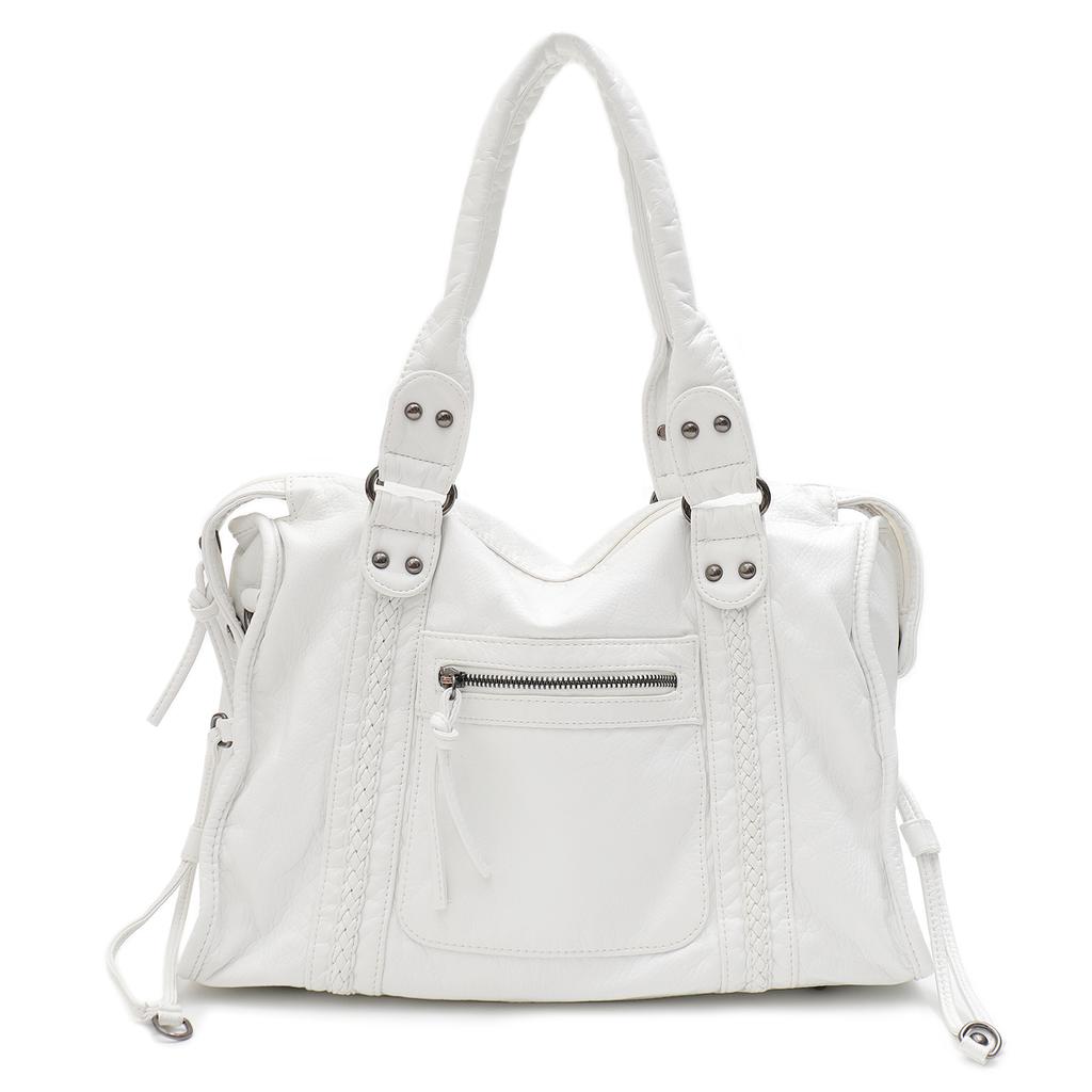 Vintage Washed PU Leather Large Capacity Tote Zip Pockets Braid Decor Shoulder Cross body Bag Unisex Women Daily Travel Handbag
