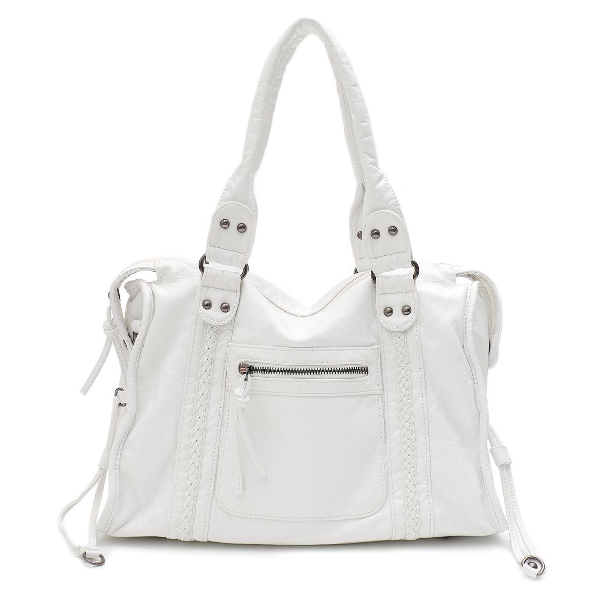 Vintage gewaschenes PU-Leder Große Kapazität Tote Reißverschlusstaschen Geflochtene Dekoration Schulter Crossbody Tasche Unisex Damen Tägliche Reise Handtasche weiß