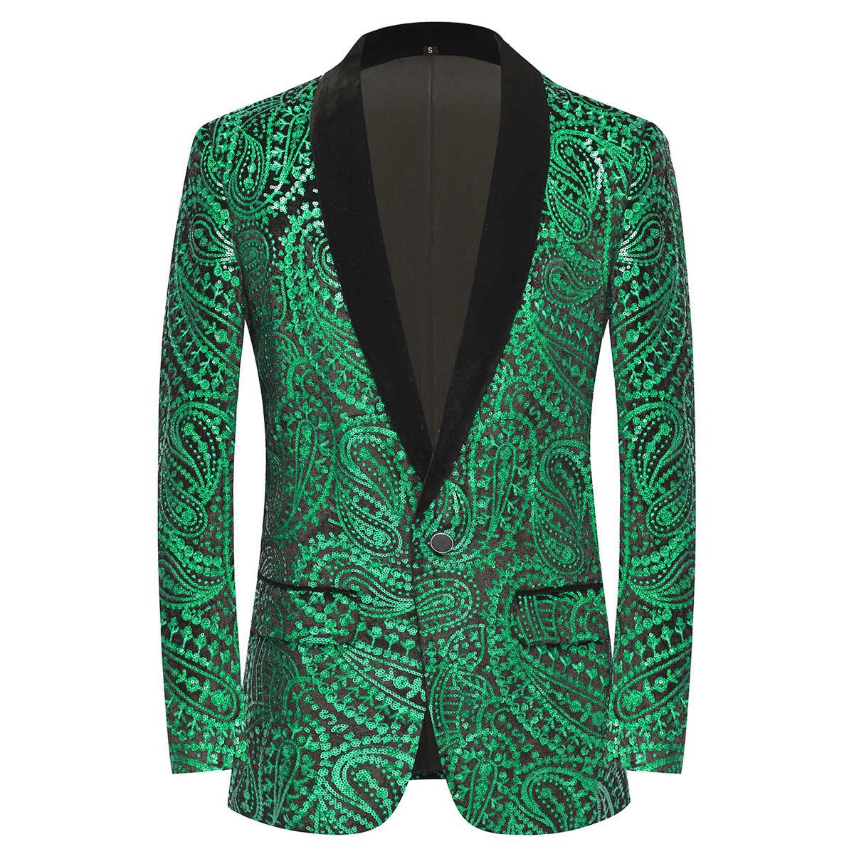 

Мужской пиджак с вышитыми пайетками и узором пейсли, блестящий блейзер 3XL зелёный