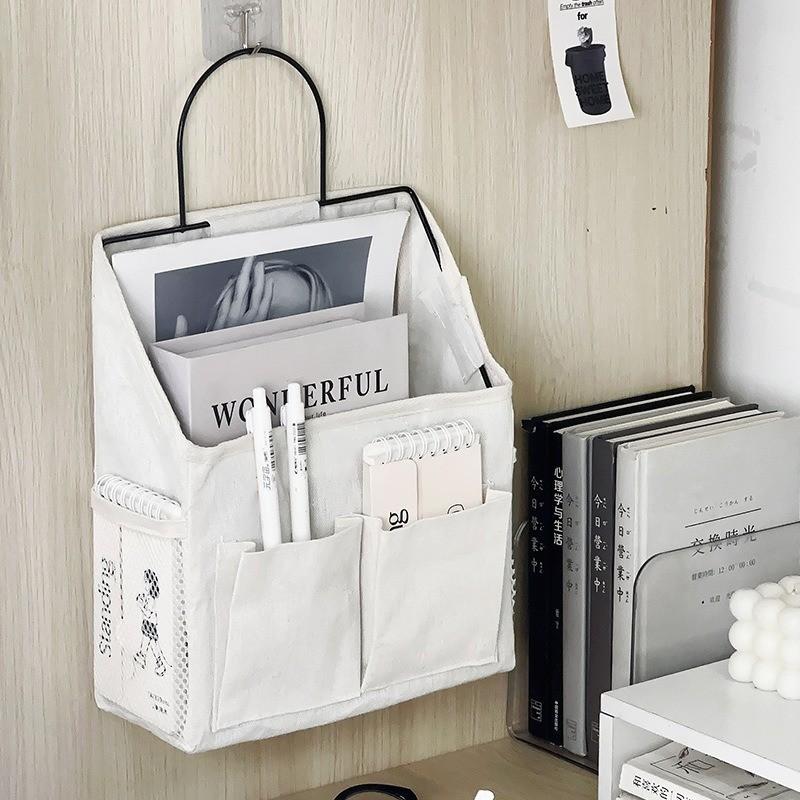 Student Cotton Fabric Wall Hanging Storage Bag With Multiple Pockets For Dorm Room Organizer