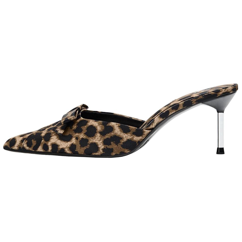 Zara Minimalist Comfortable Versatile High Heel Printed Bow Decorated Pointed Toe Mule Sandals Women Footwear Leopard-Print 1352510-38