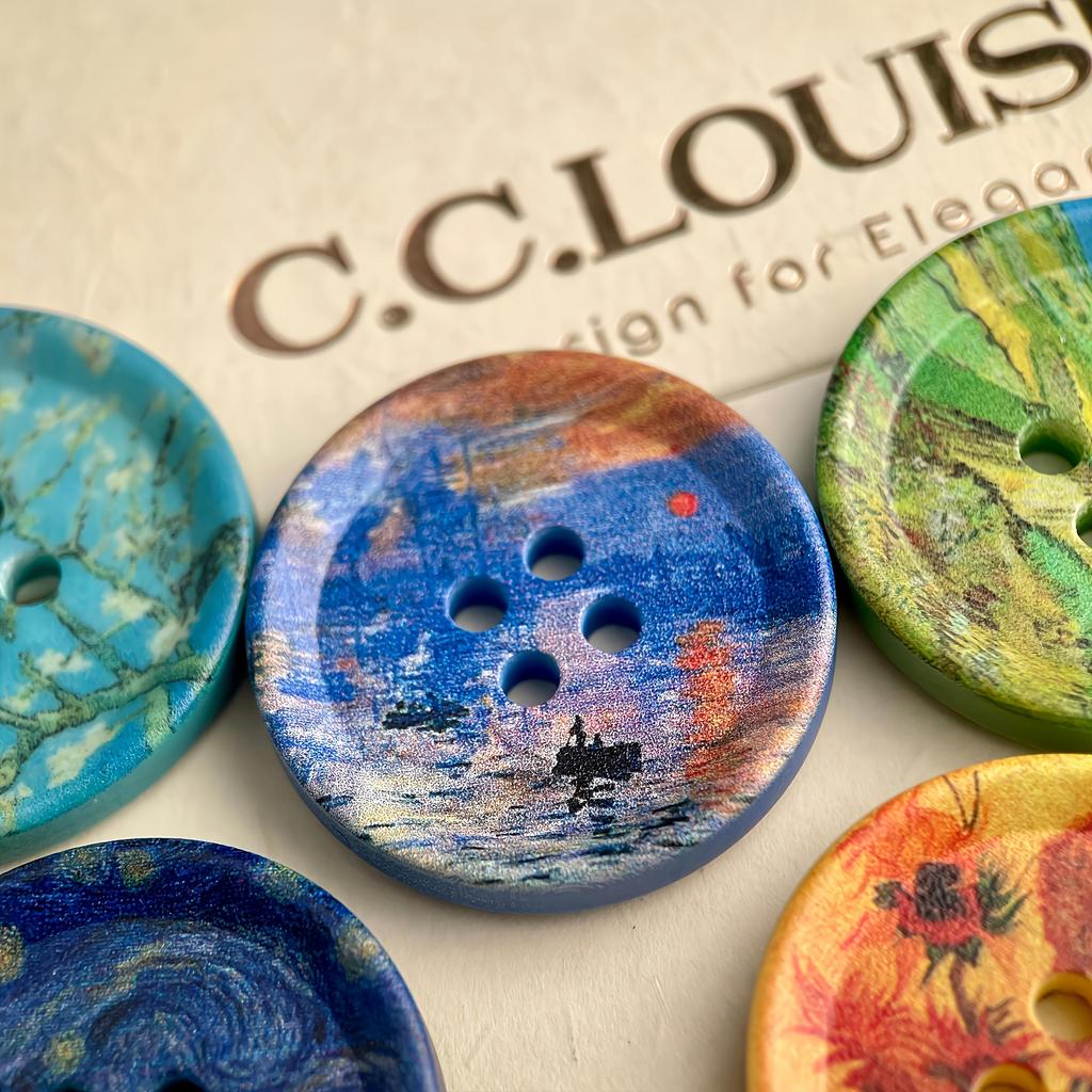 Conjunto de 5 peças Botões Decorativos Grandes de 30mm, Apresentando Pinturas a Óleo de Van Gogh e Monet, Um de Cada Tipo, Usados para Roupas Cachecóis, Bolsas