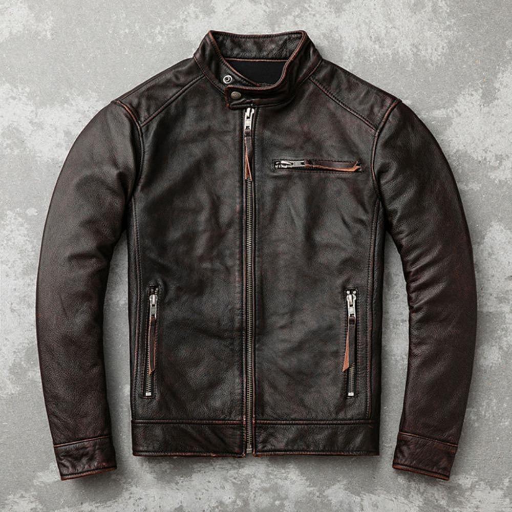 Pánská slim bunda z první vrstvy hovězí kůže, retro stará, jarní a podzimní bunda z čisté kůže