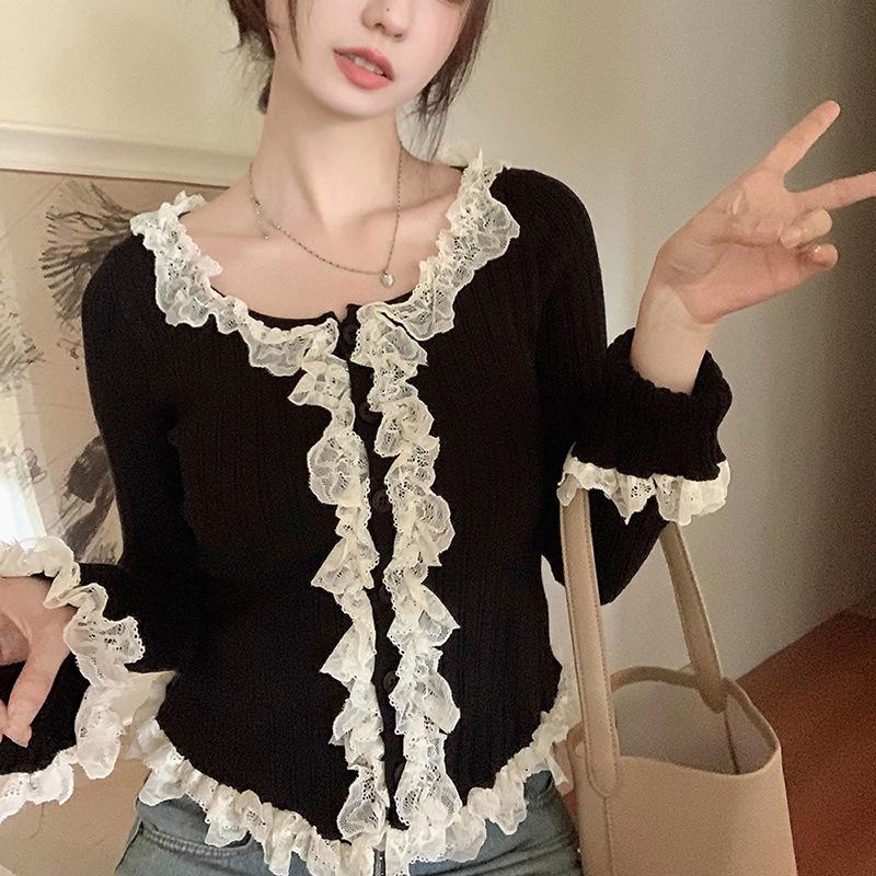 Pure Desire Knitted Small Cardigan Women'S Clothing Spring And Autumn Lace Sweater Coffee Break French Style With Bottom Top Tide