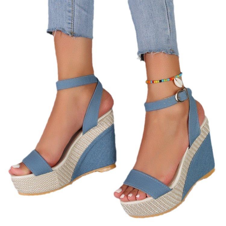 One word with slope heel open-toed high-heeled sandals women's large size waterproof table cloth cool slippers