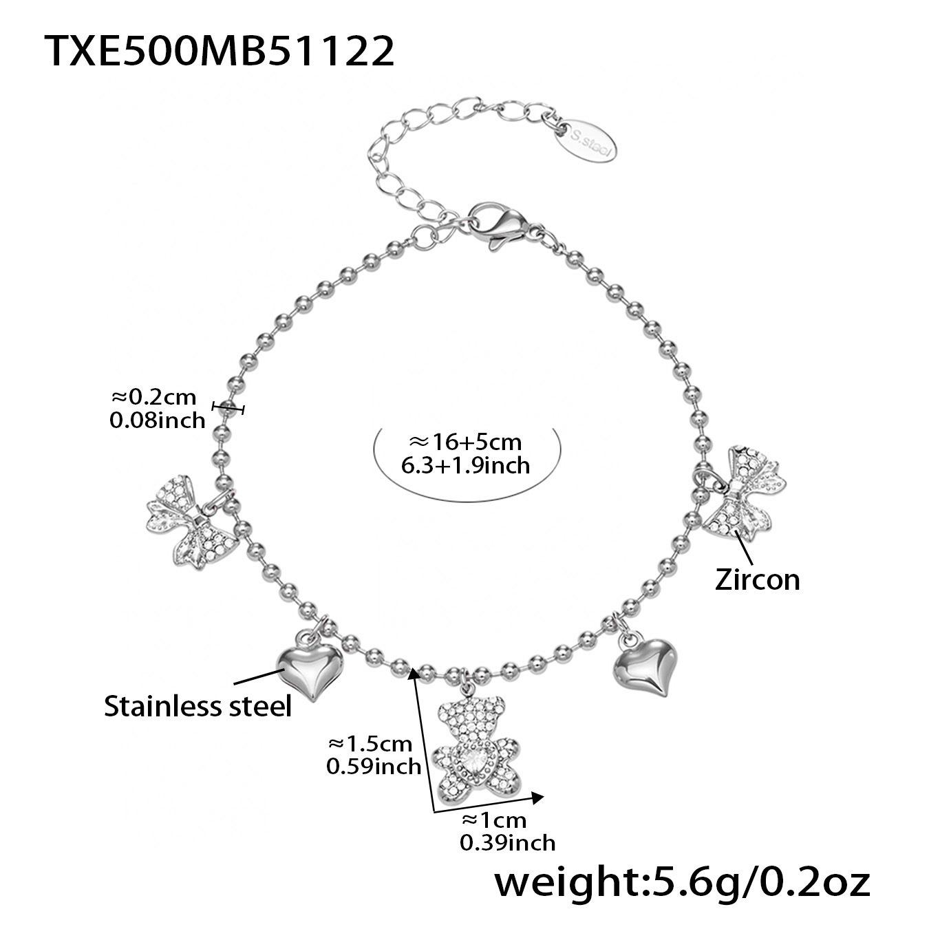 Stainless Steel Zircon Heart & Bear Pendant Jewelry Set (Necklace, Bracelet, Earrings).