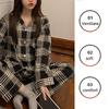 Pyjama Strickjacke Revers Herbst und Winter Retro Langarm Lange Hose Student Schlafen Pflegeleicht Schwarz Karo Damen