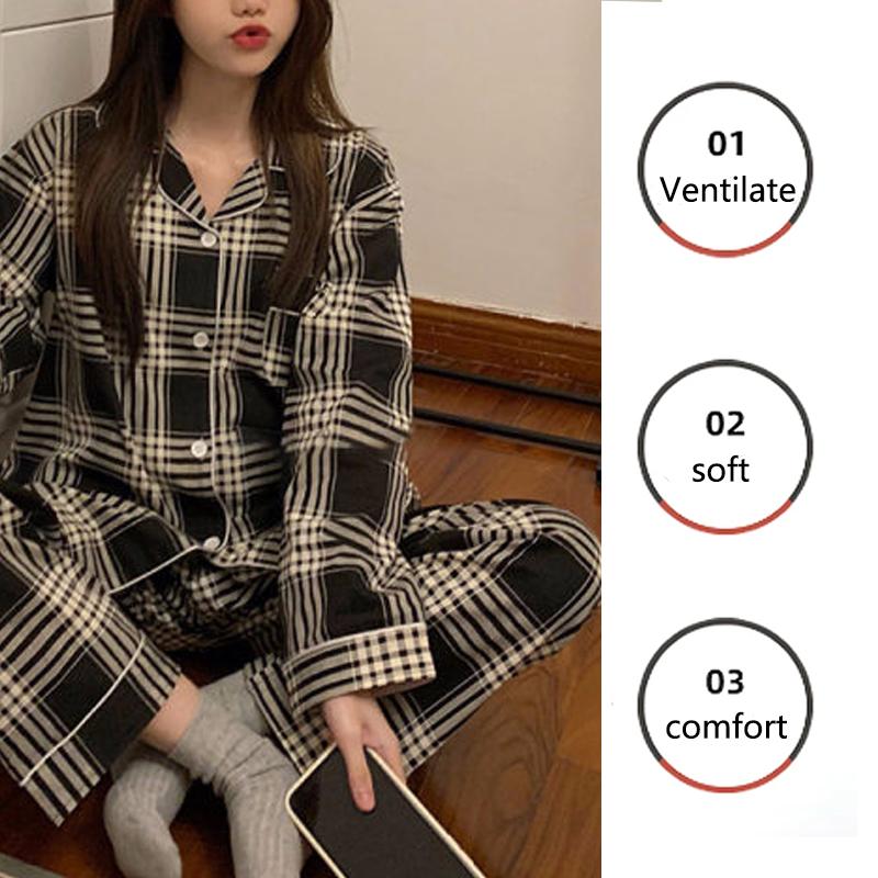 Pyjama Strickjacke Revers Herbst und Winter Retro Langarm Lange Hose Student Schlafen Pflegeleicht Schwarz Karo Damen