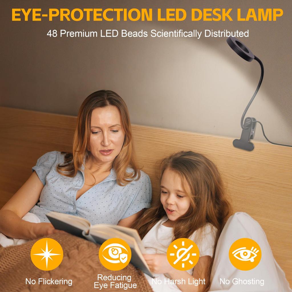 USB Rechargeable LED Desk Lamp,3 Modes Touch Dimming Eye-Caring Table Lamp w/Folding Clamp,Portable Night Light for Study Read