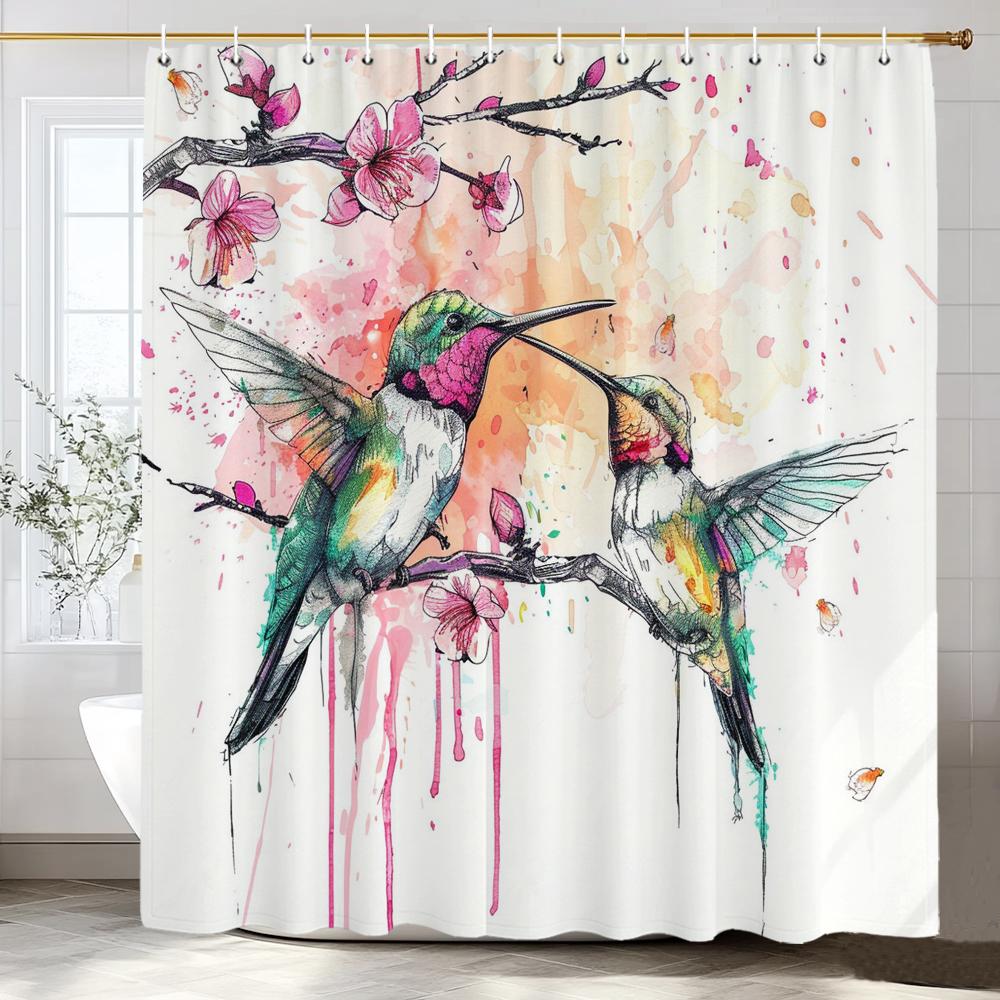

Colorful Flowers And Birds Shower Curtain For Bathroom Pink Floral Romantic Plant Nature Scenery Decor Shower Curtain With Hooks W60H190(CM)-1 Pcs