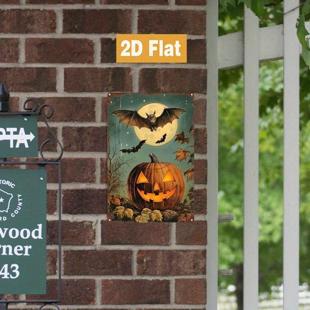 Generic 1Pc Halloween Pumpkin & Bats 2D Flat Vintage Metal Tin Sign 8×12 Inch, Waterproof Rust-Proof Wall Art Decor