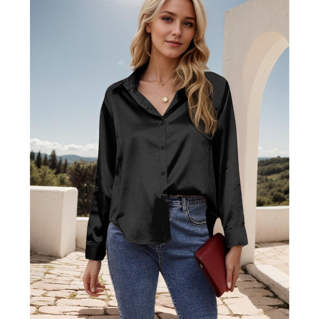 Women's Turn Down Collar Long Sleeve Regular Fit Shirt Casual Button Front Blouse