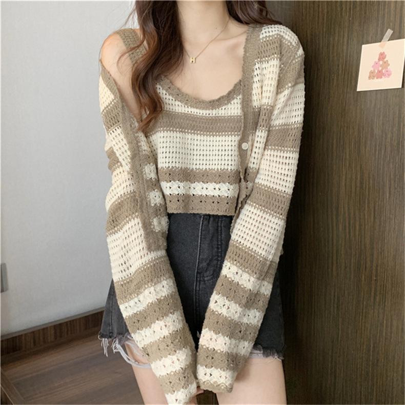 Hulstripet strikket cardigan suspendel Todelt dress Kvinners allsidig genserjakke løs toppdress med rund hals