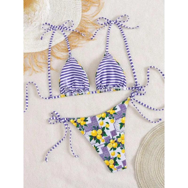 Sexy Fruits Print Striped Bikinis Sets Two Pieces Back Tie Thong Swimsuits Bathing Suit Swimwear Beach Outfits Biquini Tankini