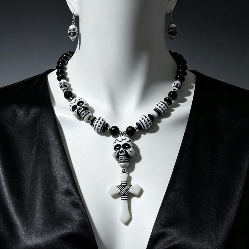 Gothic Skull Cross Necklace Earring Set Punk Vintage Party Jewelry Men Women Teens