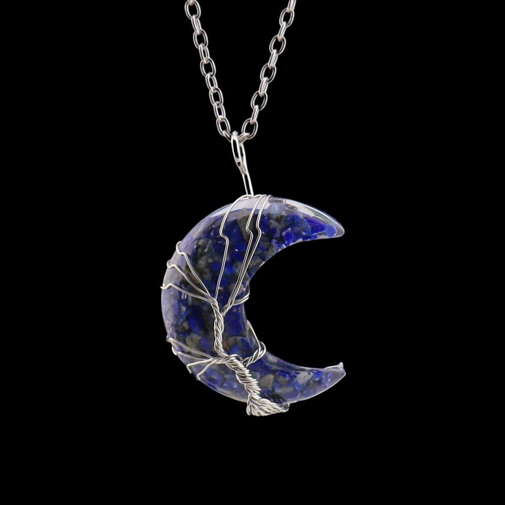Chakela Natural Crystal Gravel Resin Winding Tree Of Life Moon Pendant Crescent Necklace N755