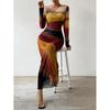 Pleated round Neck Dress Fancy Women's Tie-Dye Ruched Silm round-Neck Long-Sleeved Dress