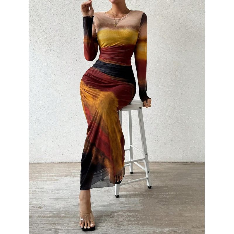 Pleated Round Neck Dress Fancy Women's Tie-Dye Ruched Silm round-Neck Long-Sleeved Dress