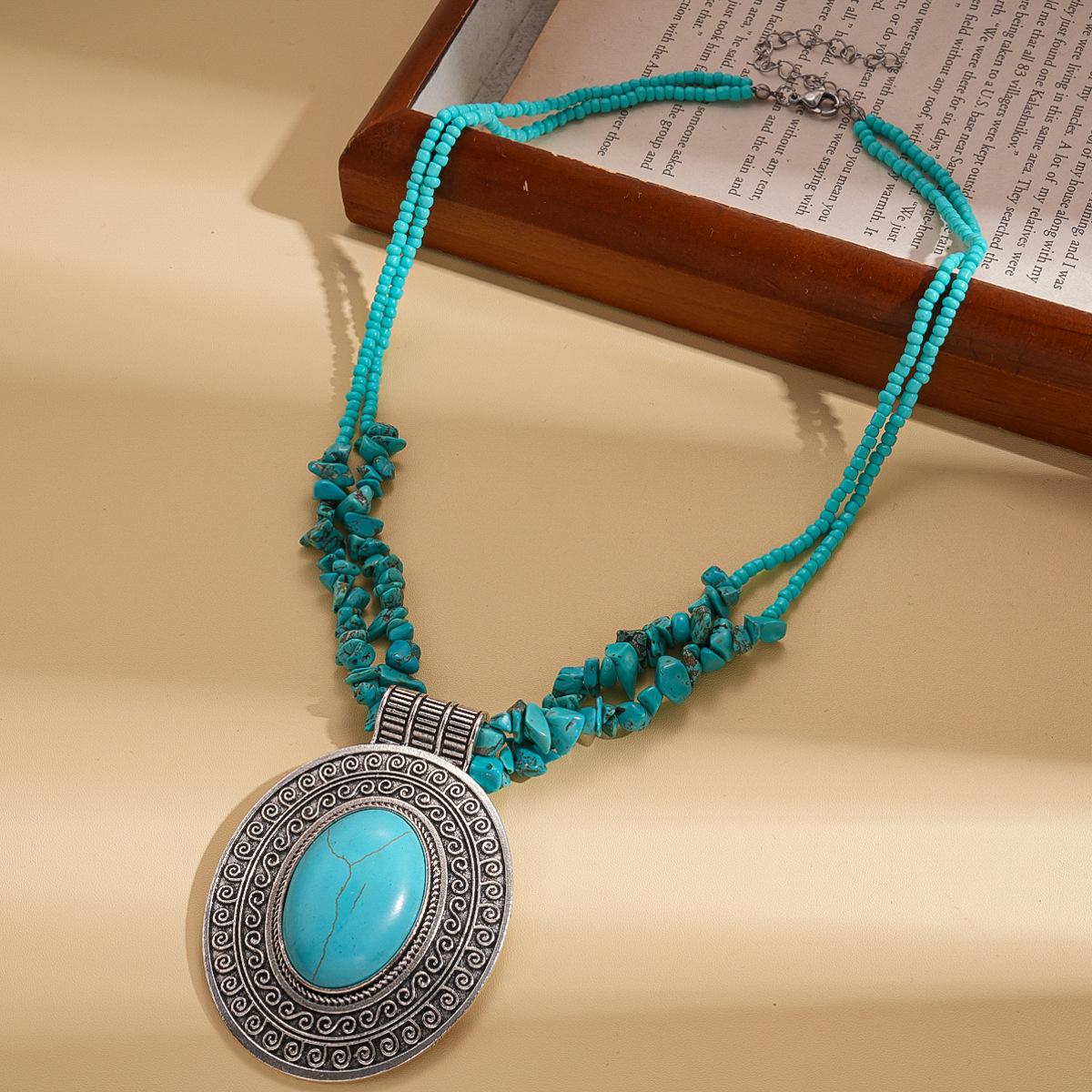 Овальная двойная подвеска на цепочке для свитера с бусинами из неровного камня, этнический стиль