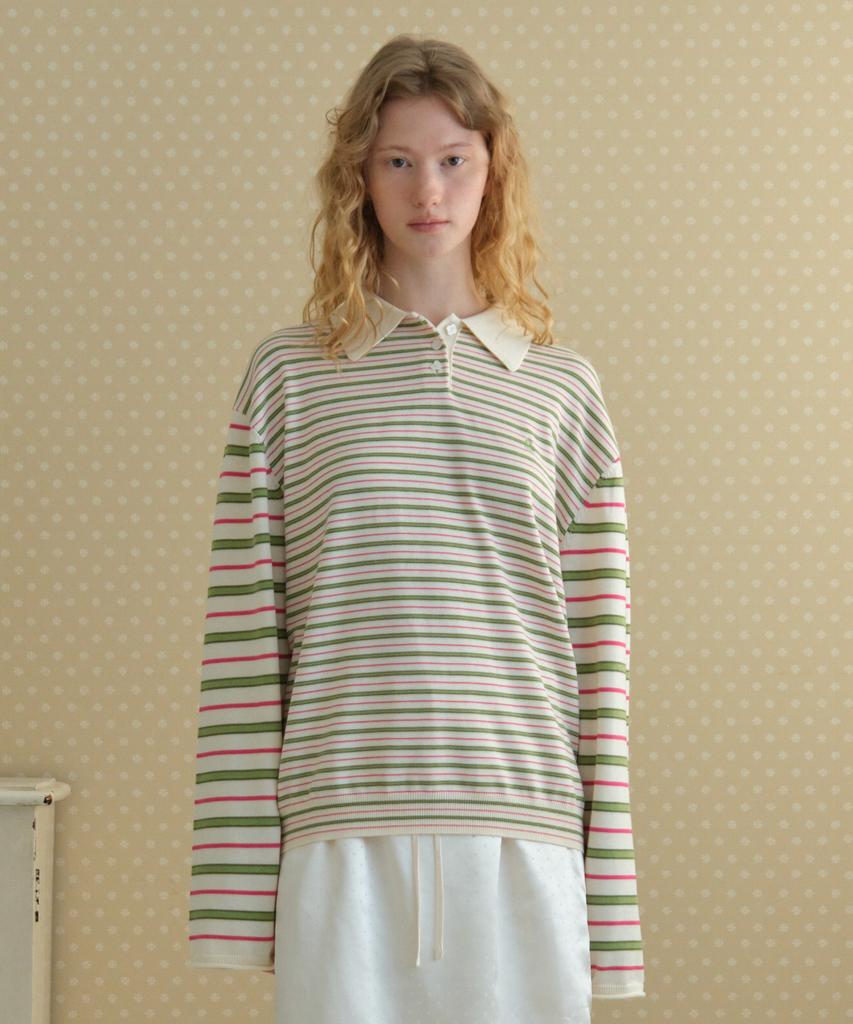 Tudument Stripe Long Sleeve Polo Knit_Ivory