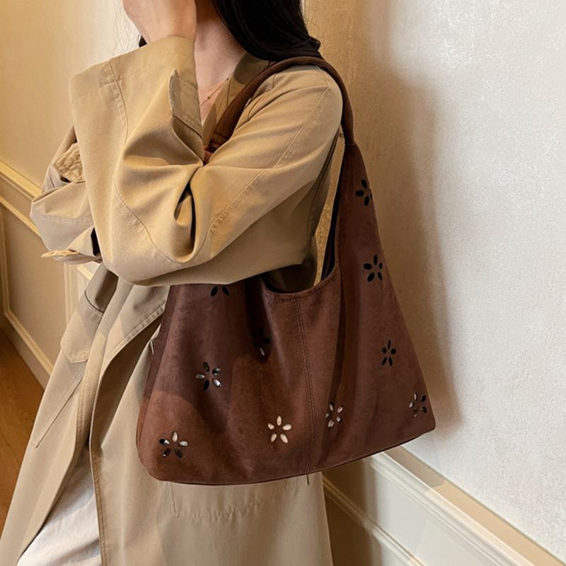 Yogodlns Faux Suede Women's Hollow Flower Shoulder Bags Matte Leather Female Underarm Bag Vintage Large Capacity Female Tote Handbags