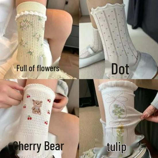 

Женские хлопковые носки до середины икры в сетку с кружевом в виде вишни и медведя для лета, нескользящие. Full Floral