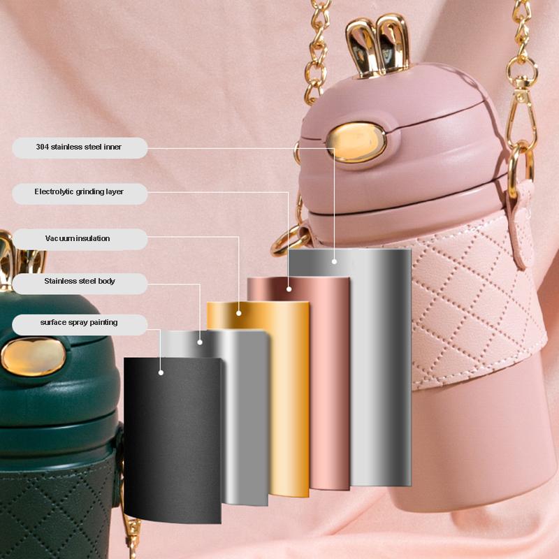 Stainless Steel 304 Bouncing Cover Vacuum Flask, Coffee Thermos Mug, Creative Girls Straw Thermos Cup, Water Bottle