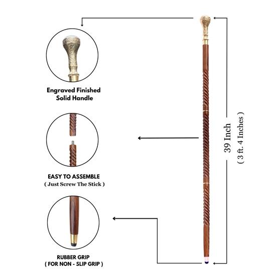 Engraved Flowers Walking Stick, 3 Foldable Solid Brass Cane for Men and Woman, Round Brass Handle, Victorian Cane, Dad Gift, Christmas Gift