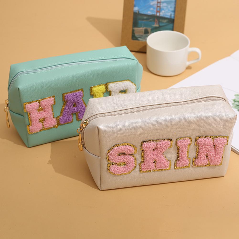 Chenille Letter PU Leather Waterproof Toiletry Bag with Zipper Portable Skin Makeup Pouch Large Capacity Cosmetic Bag for Women