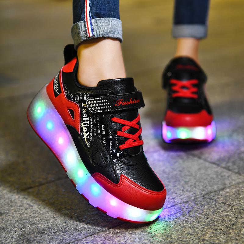 27-43 Detachable Wheel Boys/Girls Double Wheel Luminous Sneakers Can Be Charged Sneakers for Skating Kids Roller Skating Boots