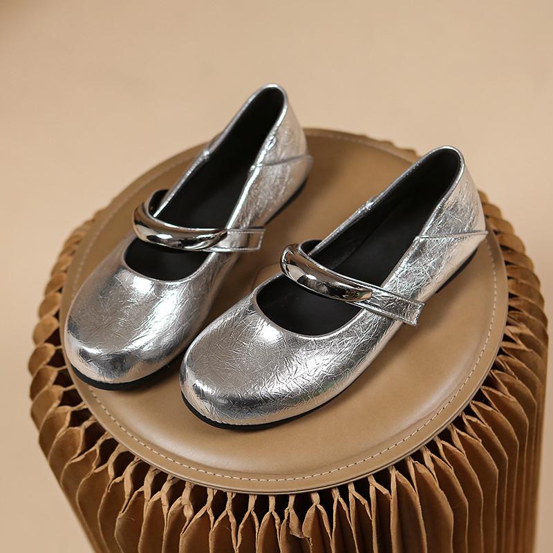 Fashion New Round Toe Solid Patent Leather Mary Jane Shoes Women's Summer Real Leather Metal Decorative Ballet Shoes Flat Single Shoes