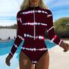 Women Long Sleeve One Piece Swimsuit Zip Front  Horizontal Tie Dye Print Rash Guard Surfing Bathing Suit