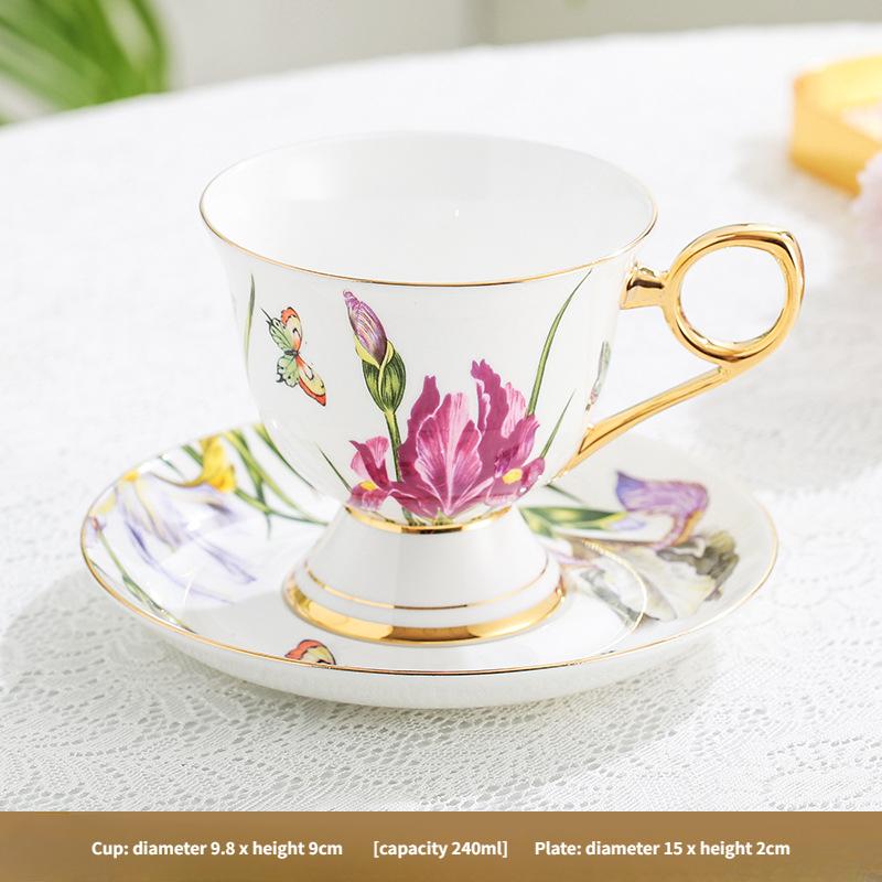 Tazze e piattini da caffè in porcellana ossea, tazze e piattini da tè nero a gambo alto con bordo dorato di lusso leggero