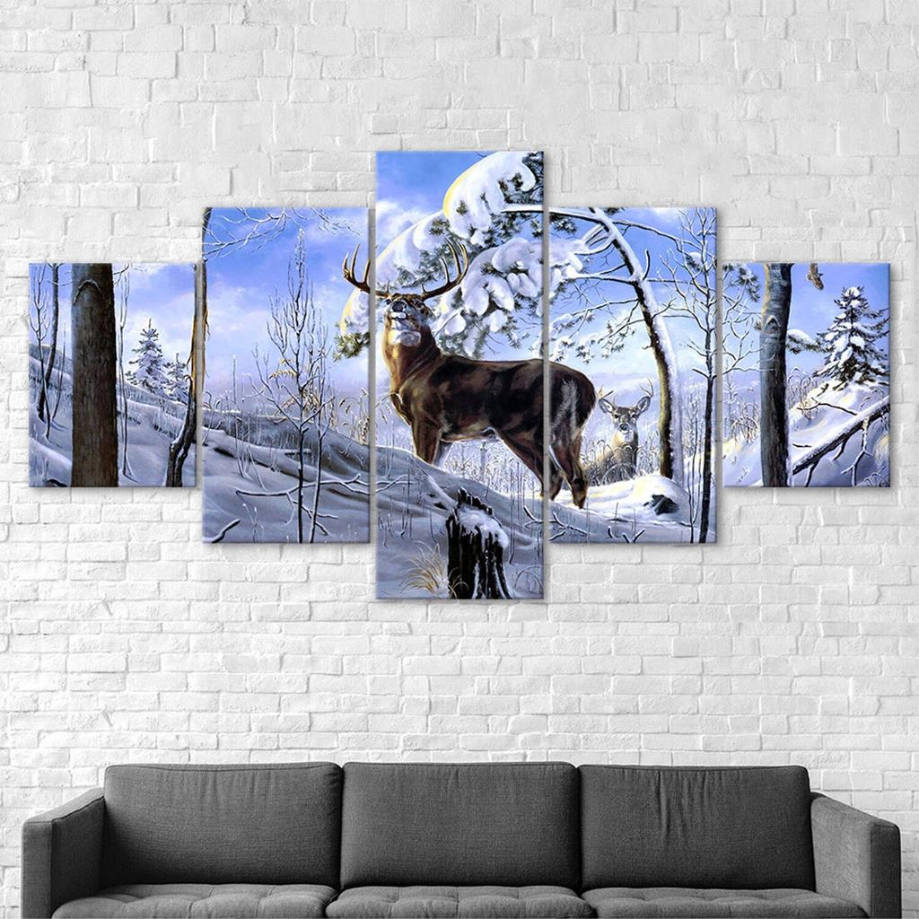 Deer Animal Winter Wildlife Landscape 5 Piece Canvas Wall Art Multi Panel Print Modern Poster Home Decor Picture Gift For Him For Her