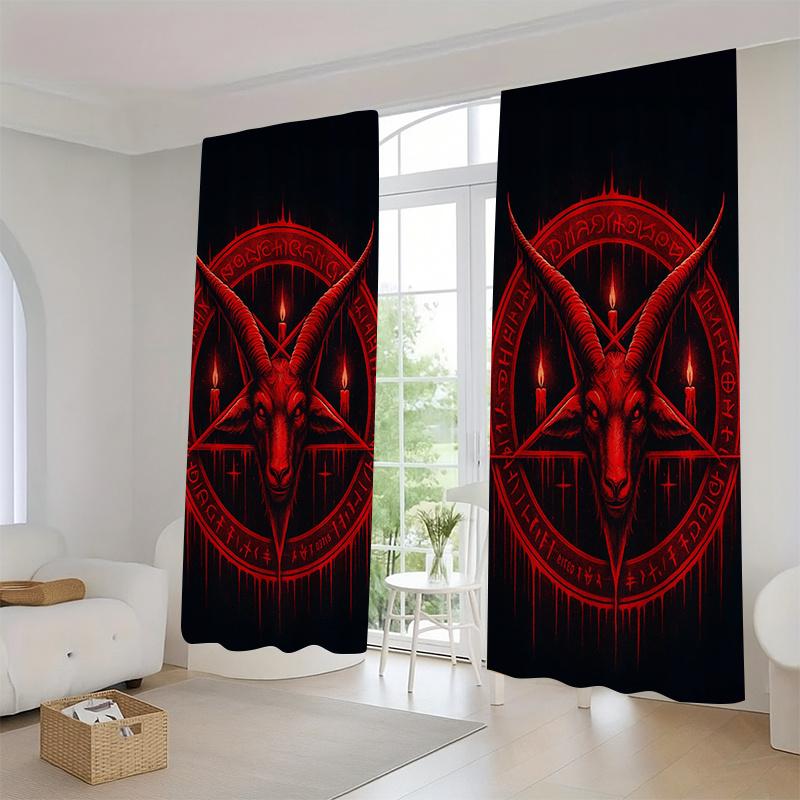 2er Set Gotische Verdunkelungsvorhänge  Satanisches Pentagramm & Roter Ziegenkopf  Lichtfilternd für Schlafzimmer  Wohnzimmer & Büro  Dunkler Dekorationsstil