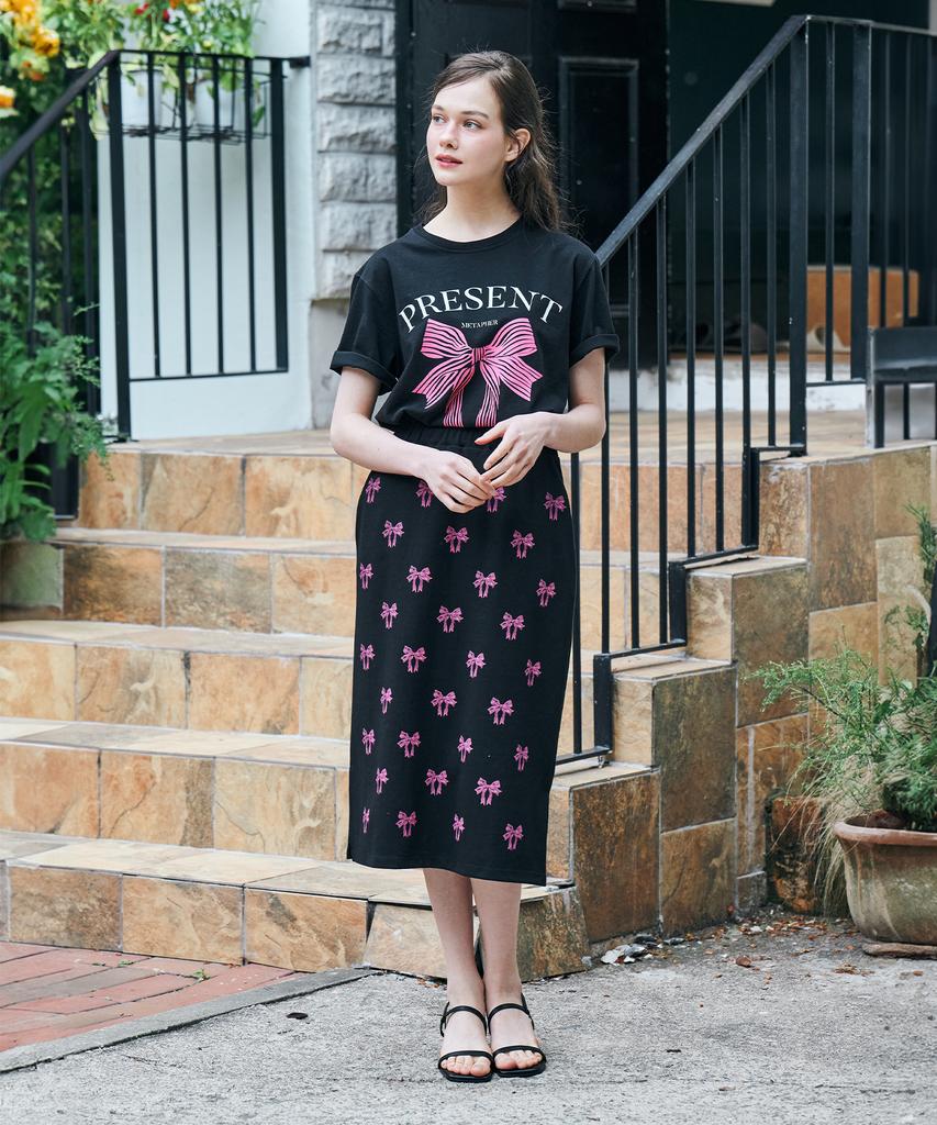 Metapeo Met Ribbon Print Elastic Waist Long Skirt Black