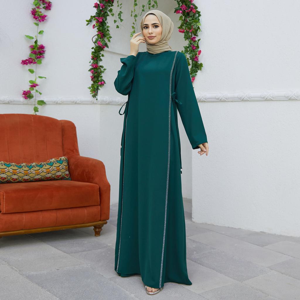 Side Tie Long Sleeve Plus Size Muslim Women Dress Abaya