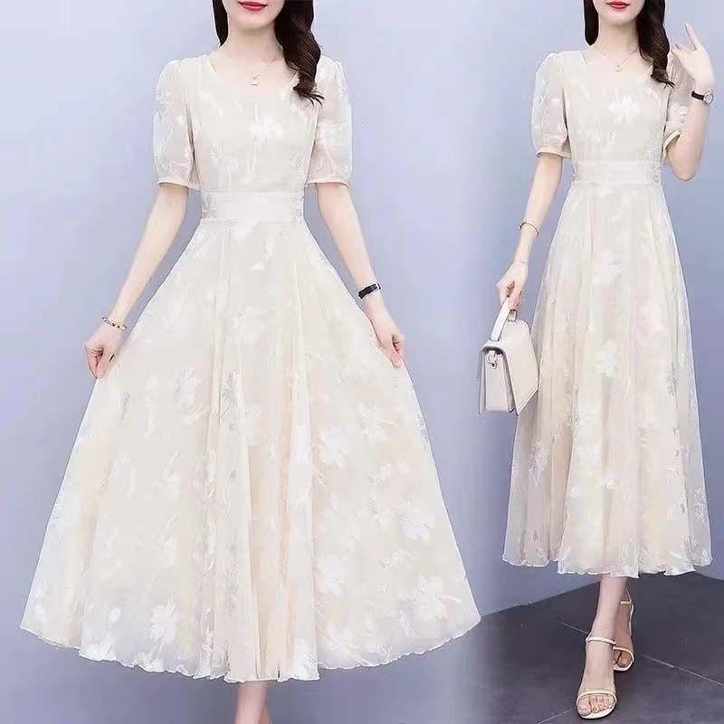 Floral Short Sleeve Dress for Women - Korean Style Waist-Cinched Slimming Skirt