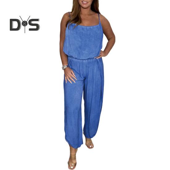 

Женский комбинезон-комбинезон с широкими штанинами, без спинки, без рукавов, без воротника, с эластичной талией, повседневный свободный наряд для весны и лета M синий