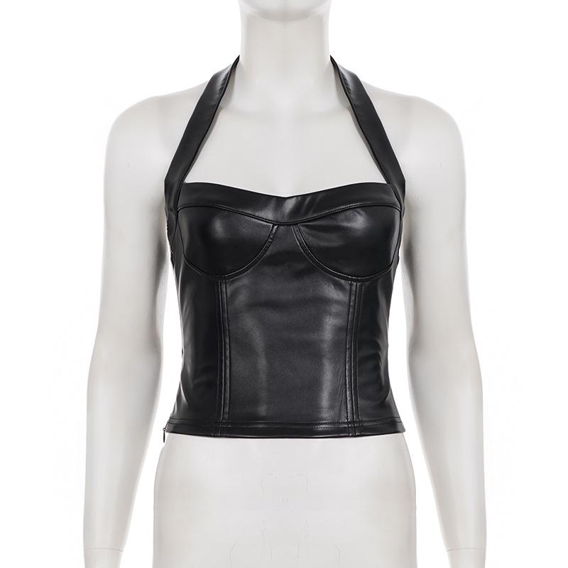 Sexy Street Style Leder-Neckholder-Top - Einfarbig, Tief ausgeschnitten Trendige Kleidung