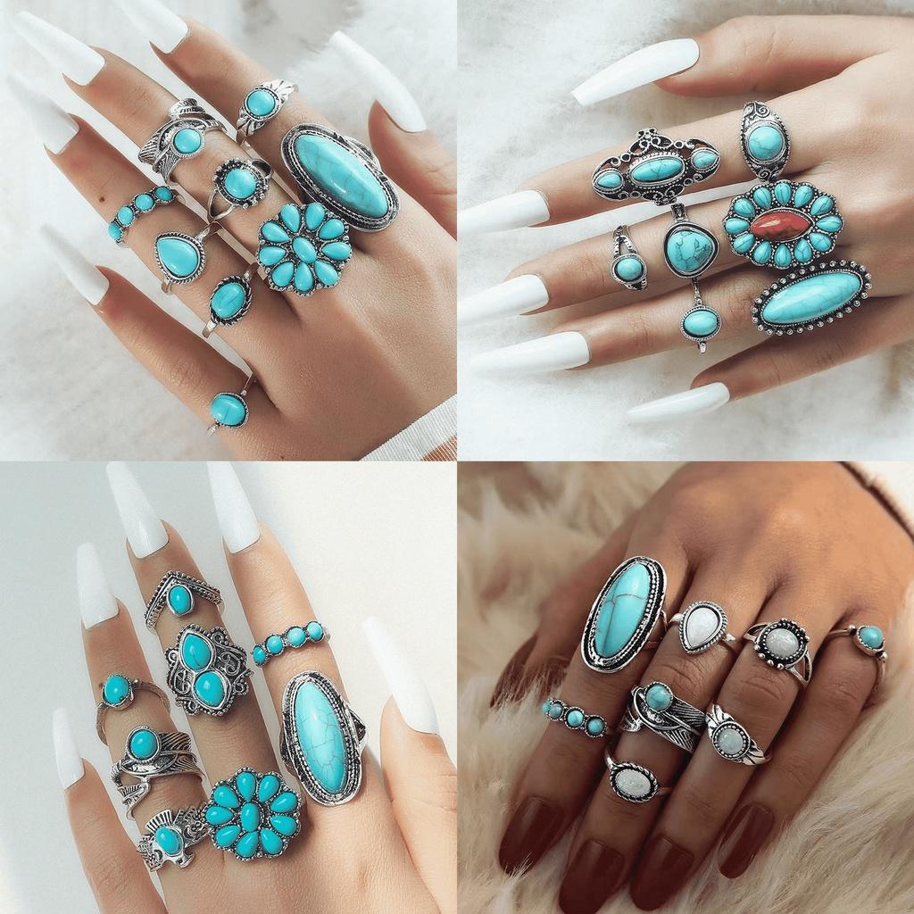 Vintage Ethnic Style Alloy Leaf Ring Set With Turquoise Inlay Fashionable And Unique 8-piece Ring Set