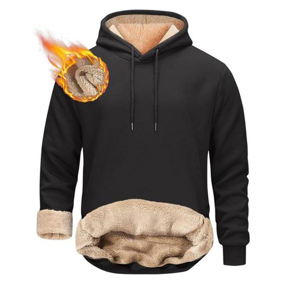 Winter Men Hoodie Velvet Lined Drawstring Loose Long Sleeves Thermal Plus Size Mid Length Top